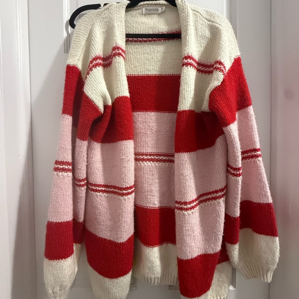 Beginning Boutique Bold Striped Cardigan in Red and Pink